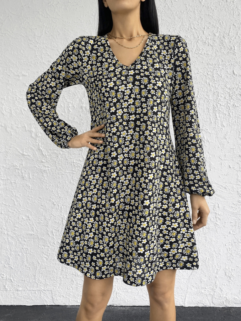 Kadın Uzun Kollu V Yaka çiçek Desenli Helen Kumaş Elbise - Görsel 3