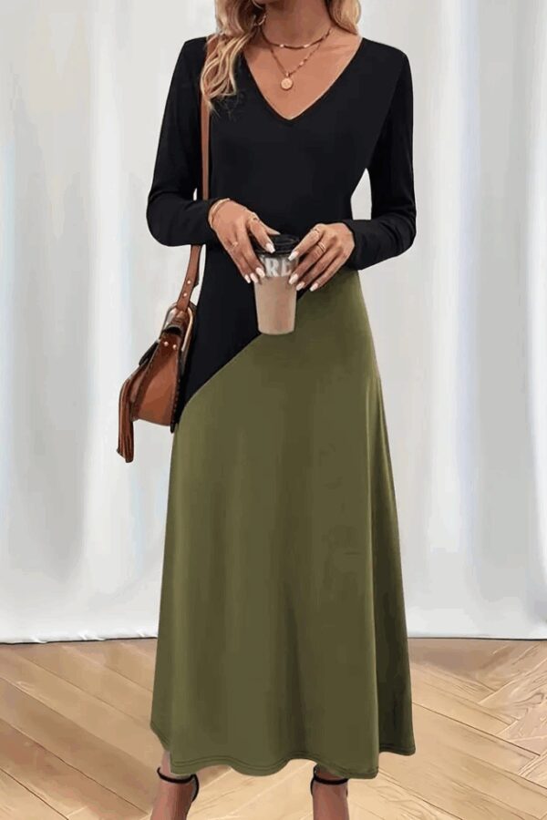 Kadın Uzun Kollu V Yakalı Blok Desenli Viskon Elbise