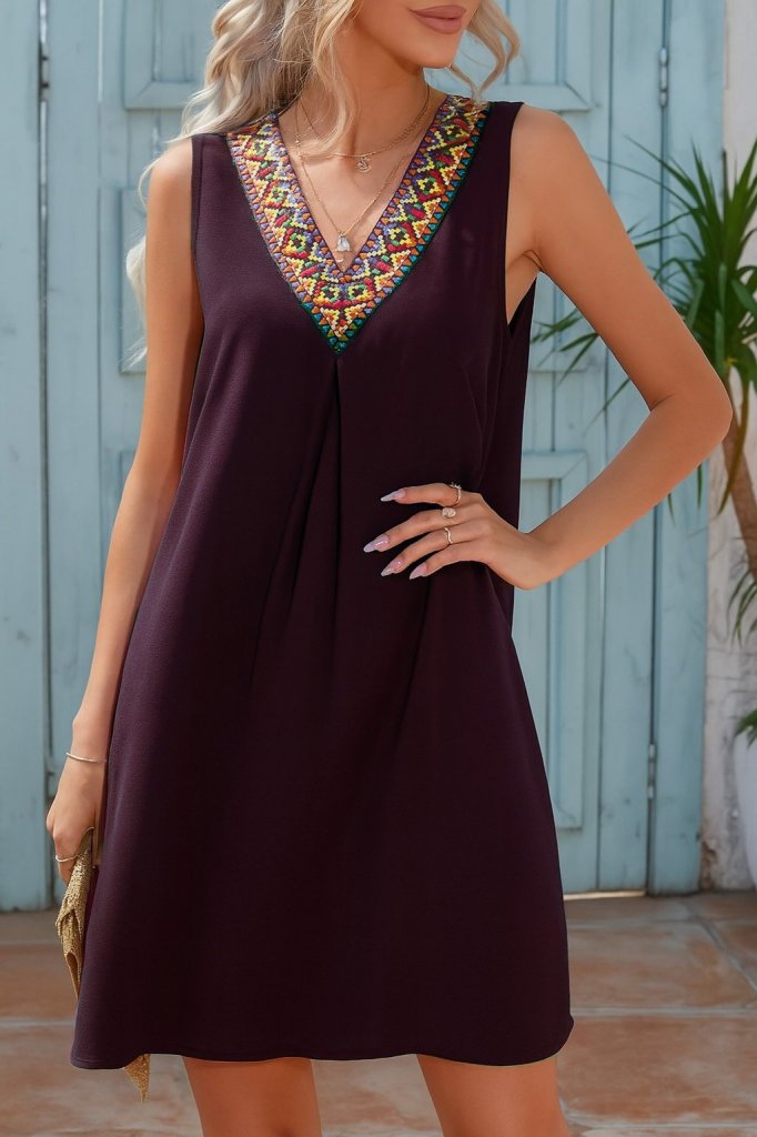 Kadın Sıfır Kol şerit Detaylı V Yaka Viskon Elbise - Görsel 9