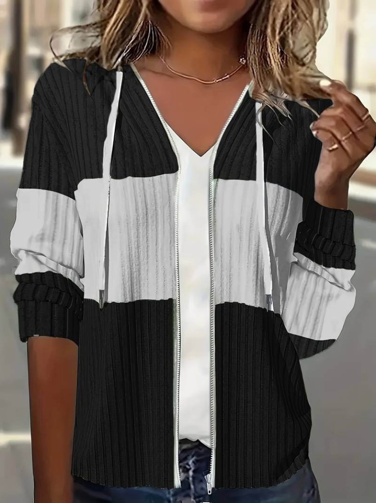 Kadın Uzun Kollu Kapşonlu önden Fermuarlı Blok Desenli şardonlu Kaşkorse Ceket - Görsel 5