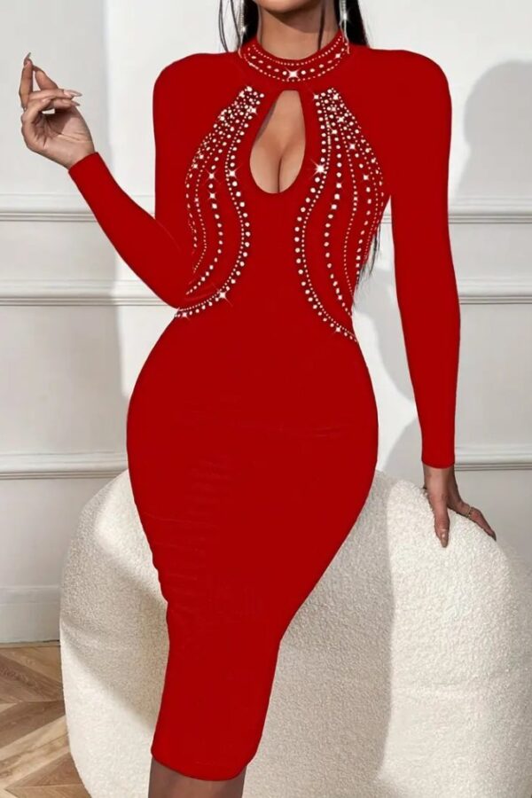 Kadın Uzun Kollu Balıkçı Yaka Taşlı Damla Detay Midi Ithal Krep Elbise