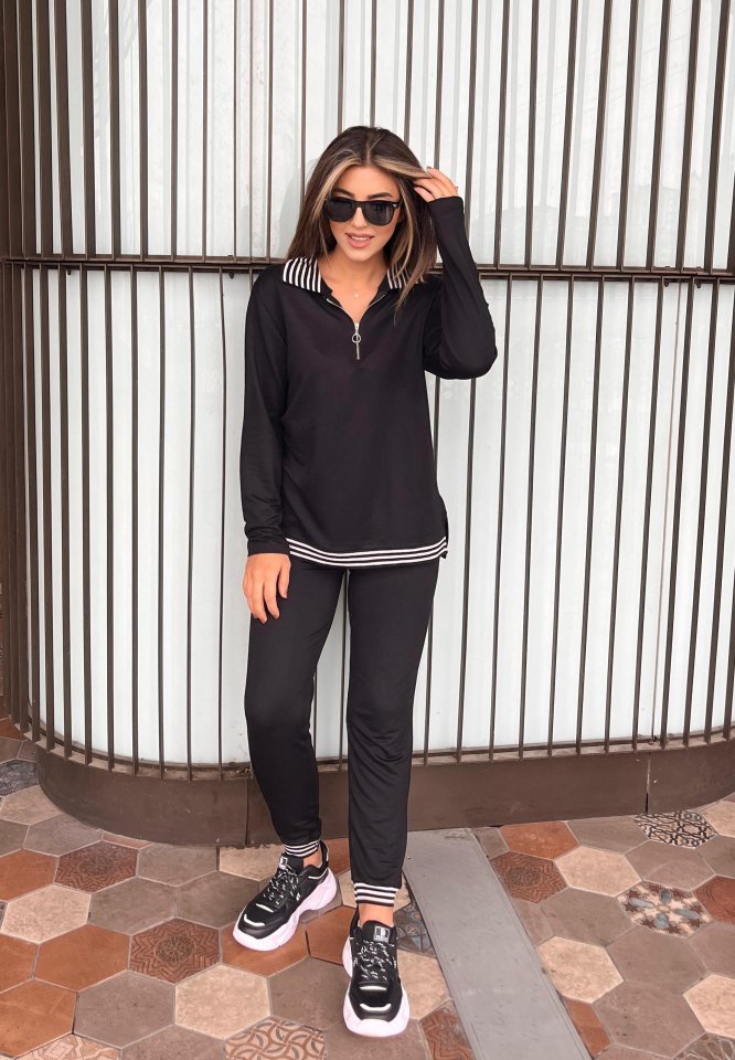 Kadın Uzun Kollu Ribana Ve Fermuar Detay Bluz Ve Yüksel Bel Pantolon 2li Takım - Görsel 3