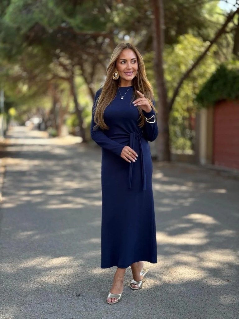 Kadın Uzun Kollu Bisiklet Yaka Yandan Bağlamalı Uzun Modal Elbise - Görsel 7