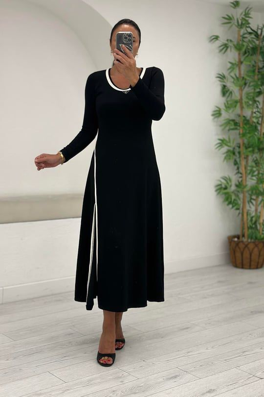 Kadın Uzun Kollu Yuvarlak Ribana Yaka Yırtmaçlı Uzun Viskon Iki Iplik Elbise - Görsel 8