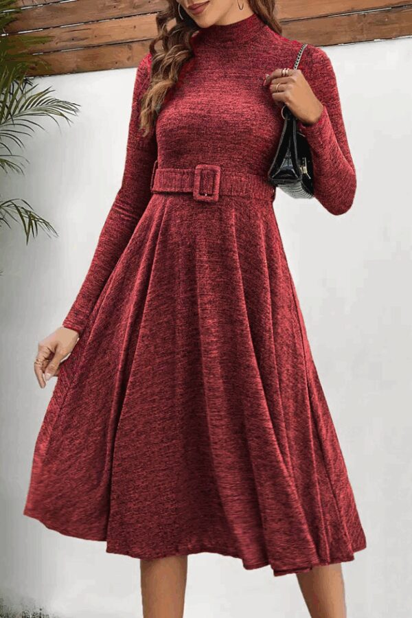 Kadın Uzun Kollu Balıkçı Yaka Kemer Detaylı Yumoş Midi Elbise