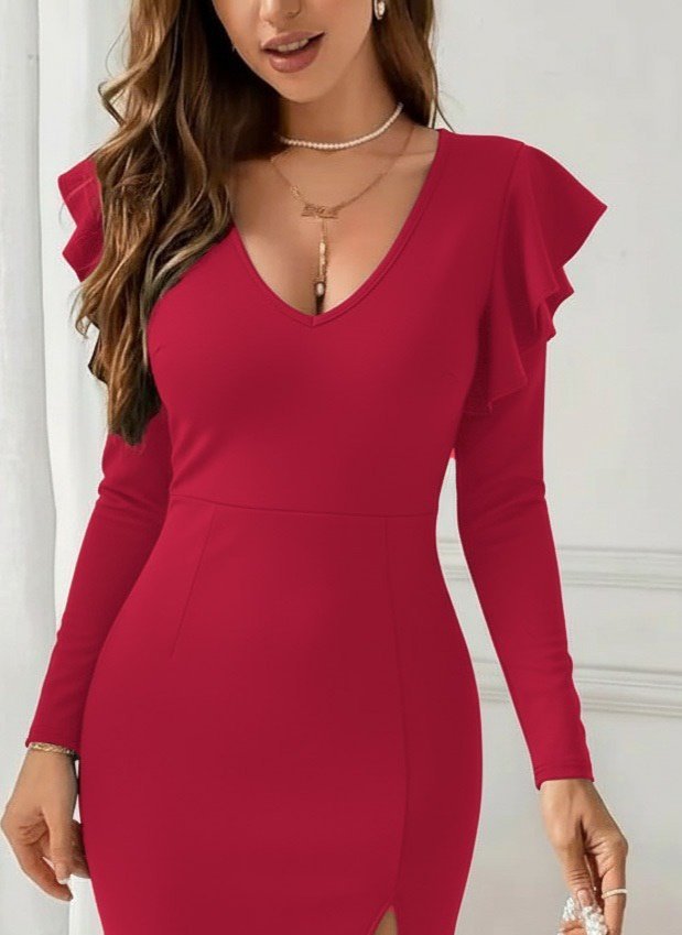 Kadın Uzun Kollu V Yakalı Yandan Yırtmaçlı Midi Ithal Krep Elbise - Görsel 2