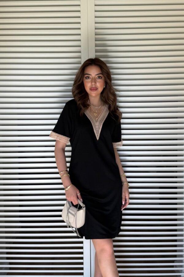 Kadın V Yaka Güpürlü İki İplik Elbise