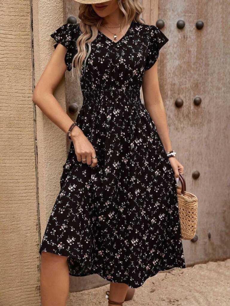 Kadın Kısa Kollu V Yakalı Beli Lastikli çiçek Desenli Süprem Elbise - Görsel 9