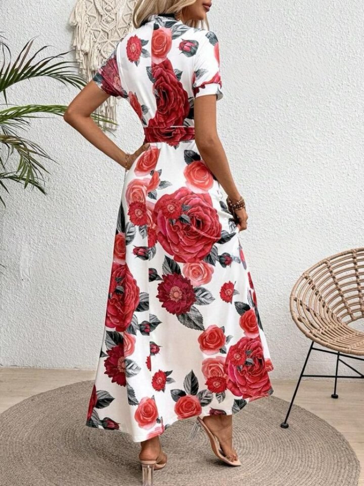 Kadın Kısa Kollu Pencere Detay Gül Baskılı Tam Boy Kiloş Elbise - Görsel 2