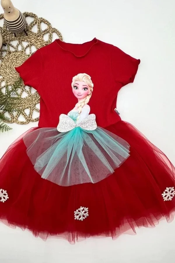 5-6-7 Yaş Elsa Desenli Fiyonklu Tül Etekli Astarlı Kısa Kollu Kız Çocuk Tütü Elbise