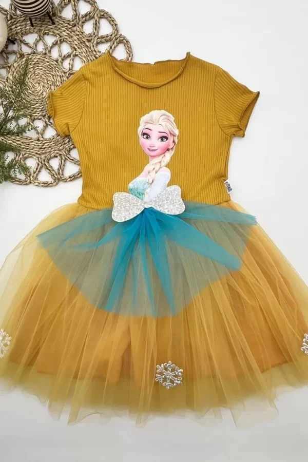 5-6-7 Yaş Elsa Desenli Fiyonklu Tül Etekli Astarlı Kısa Kollu Kız Çocuk Tütü Elbise