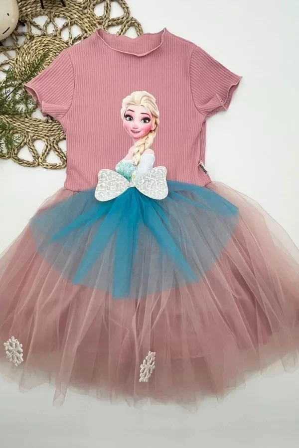 5-6-7 Yaş Elsa Desenli Fiyonklu Tül Etekli Astarlı Kısa Kollu Kız Çocuk Tütü Elbise