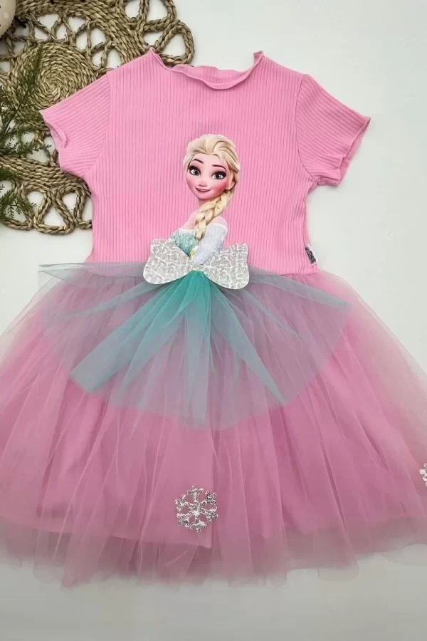 5-6-7 Yaş Elsa Desenli Fiyonklu Tül Etekli Astarlı Kısa Kollu Kız Çocuk Tütü Elbise