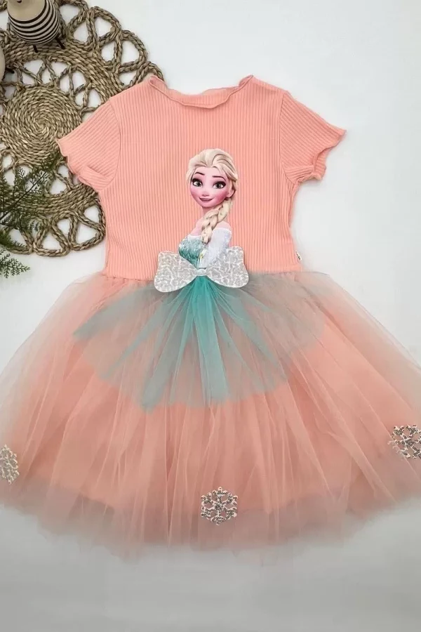5-6-7 Yaş Elsa Desenli Fiyonklu Tül Etekli Astarlı Kısa Kollu Kız Çocuk Tütü Elbise