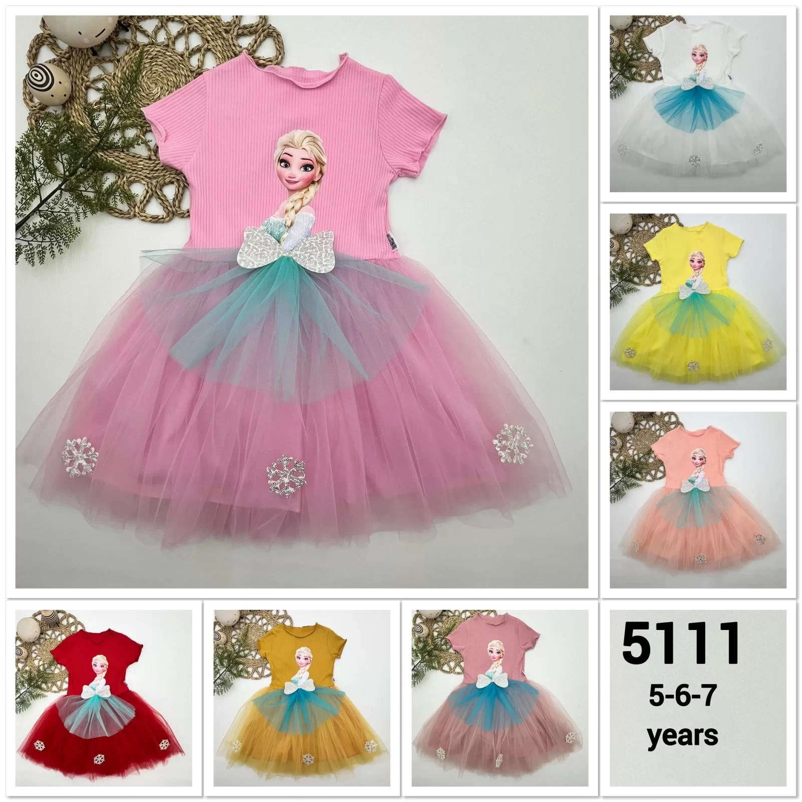 5-6-7 Yaş Elsa Desenli Fiyonklu Tül Etekli Astarlı Kısa Kollu Kız Çocuk Tütü Elbise - Görsel 2