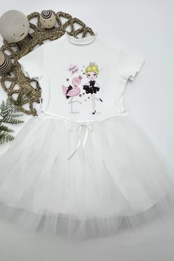 5-6-7 Yaş Flamingo Balerin Kız Baskılı Kurdela Kuşaklı Astarlı Kız Çocuk Tütü Elbise