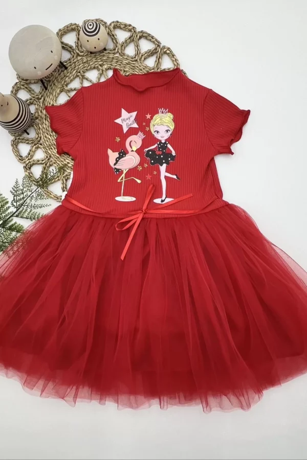 5-6-7 Yaş Flamingo Balerin Kız Baskılı Kurdela Kuşaklı Astarlı Kız Çocuk Tütü Elbise