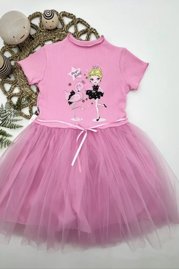 5-6-7 Yaş Flamingo Balerin Kız Baskılı Kurdela Kuşaklı Astarlı Kız Çocuk Tütü Elbise