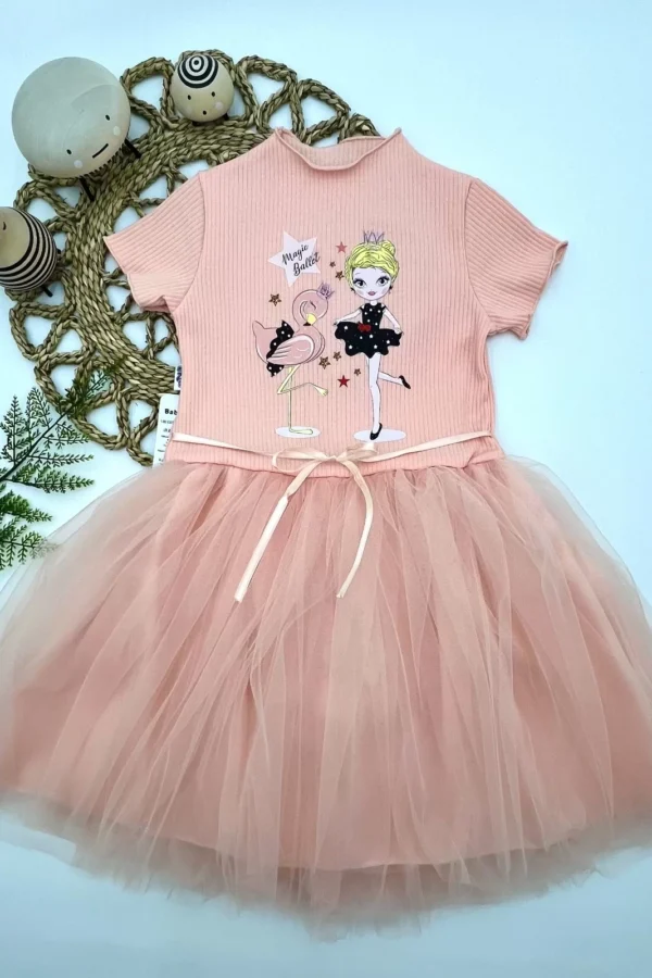 5-6-7 Yaş Flamingo Balerin Kız Baskılı Kurdela Kuşaklı Astarlı Kız Çocuk Tütü Elbise