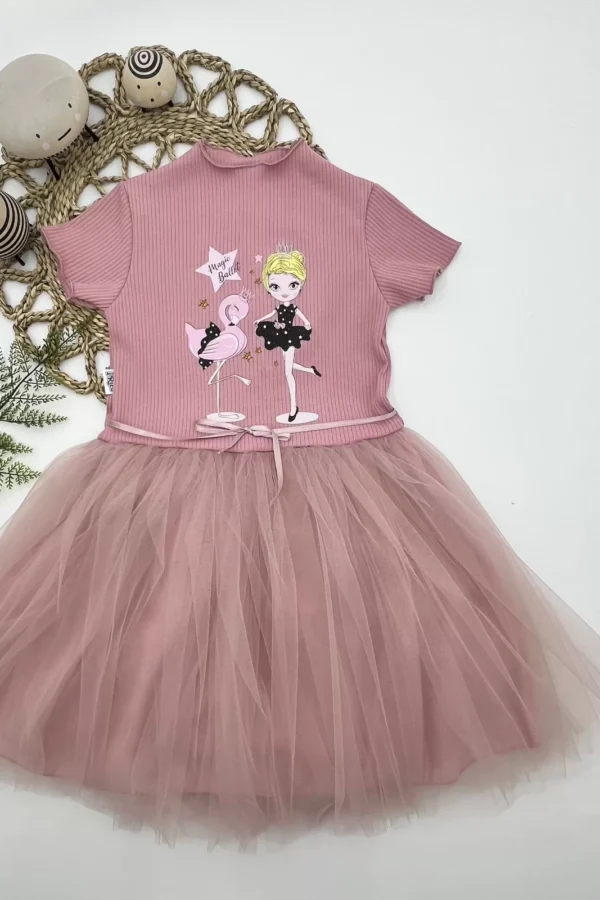 5-6-7 Yaş Flamingo Balerin Kız Baskılı Kurdela Kuşaklı Astarlı Kız Çocuk Tütü Elbise
