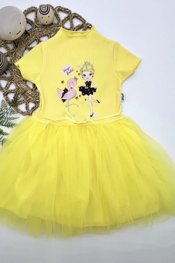 5-6-7 Yaş Flamingo Balerin Kız Baskılı Kurdela Kuşaklı Astarlı Kız Çocuk Tütü Elbise