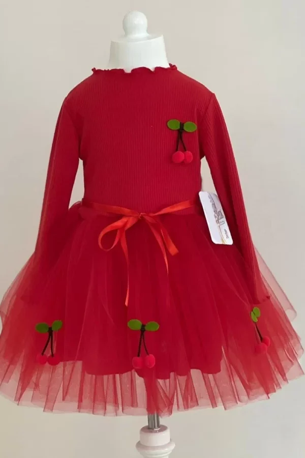 5-6-7 Yaş Kiraz Desenli Kurdela Kuşaklı Astarlı Uzun Kollu Kız Çocuk Tütü Elbise