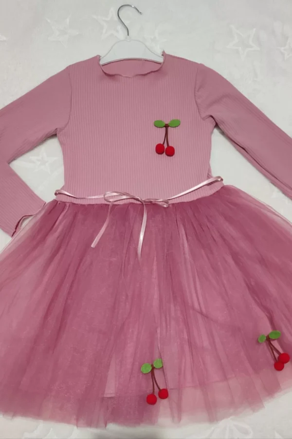 5-6-7 Yaş Kiraz Desenli Kurdela Kuşaklı Astarlı Uzun Kollu Kız Çocuk Tütü Elbise