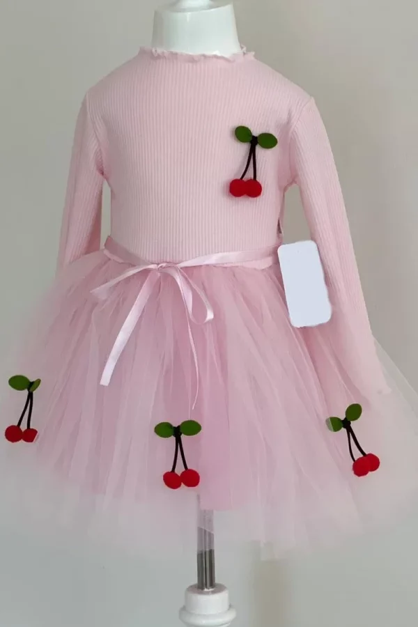 5-6-7 Yaş Kiraz Desenli Kurdela Kuşaklı Astarlı Uzun Kollu Kız Çocuk Tütü Elbise