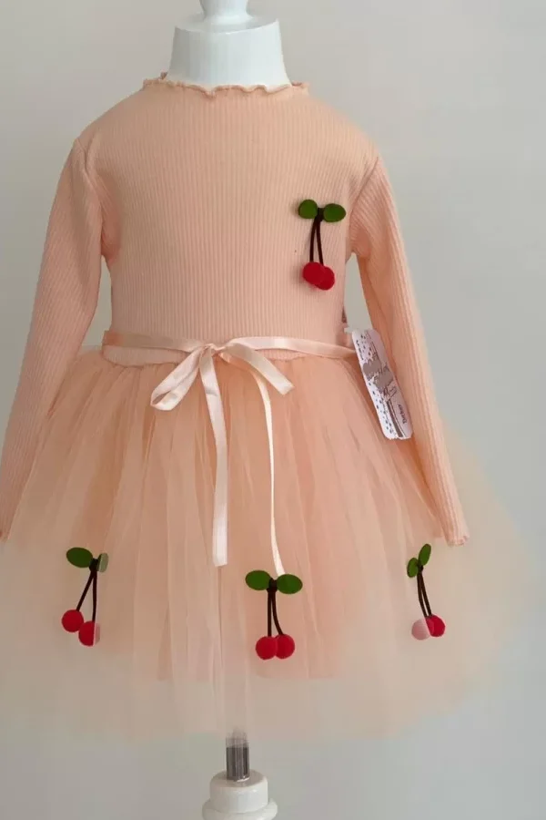 5-6-7 Yaş Kiraz Desenli Kurdela Kuşaklı Astarlı Uzun Kollu Kız Çocuk Tütü Elbise