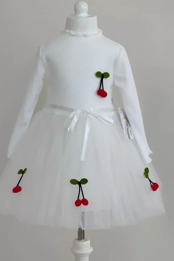 5-6-7 Yaş Kiraz Desenli Kurdela Kuşaklı Astarlı Uzun Kollu Kız Çocuk Tütü Elbise