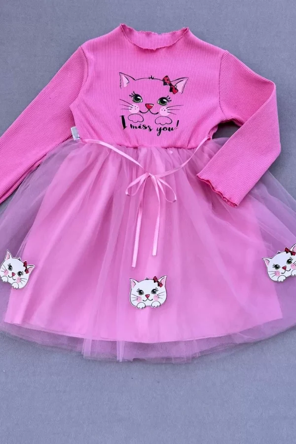 5-6-7 Yaş Minik Kedi Desenli Kurdela Kuşaklı Astarlı Kız Çocuk Tütü Elbise