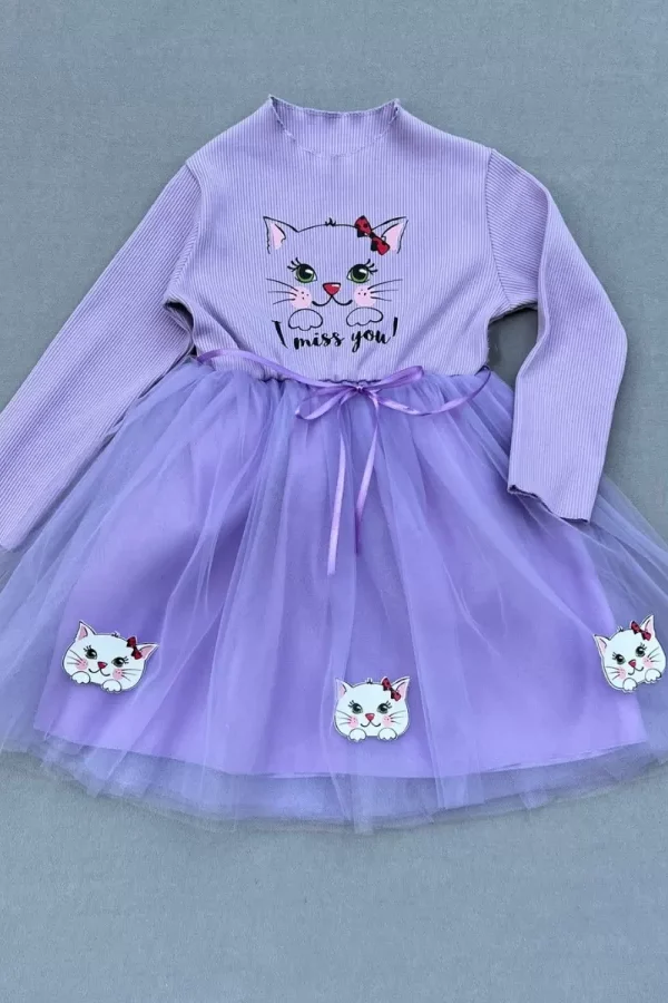 5-6-7 Yaş Minik Kedi Desenli Kurdela Kuşaklı Astarlı Kız Çocuk Tütü Elbise