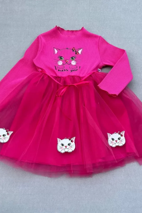 5-6-7 Yaş Minik Kedi Desenli Kurdela Kuşaklı Astarlı Kız Çocuk Tütü Elbise