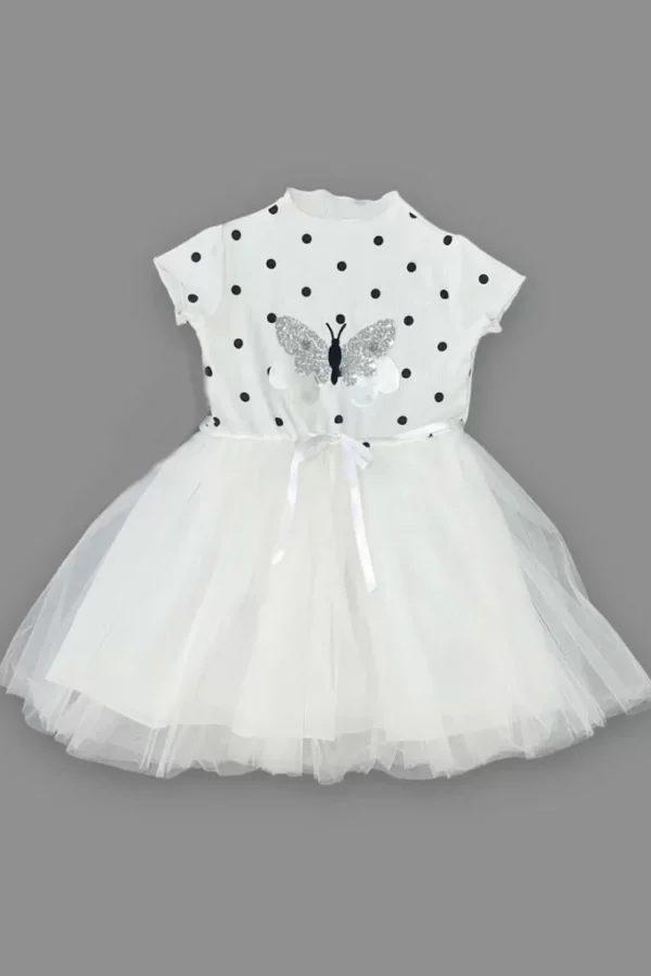 5-6-7 Yaş Payetli Kelebek Desenli Puantiyeli Kız Çocuk Elbisesi