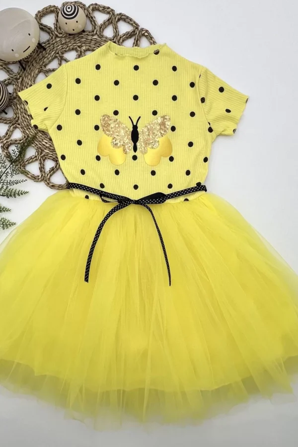 5-6-7 Yaş Payetli Kelebek Desenli Puantiyeli Kız Çocuk Elbisesi