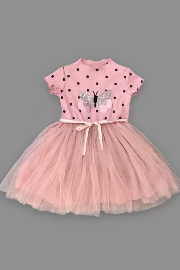 5-6-7 Yaş Payetli Kelebek Desenli Puantiyeli Kız Çocuk Elbisesi