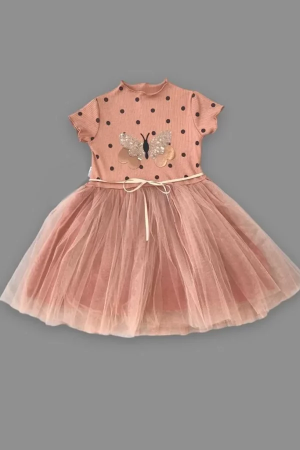 5-6-7 Yaş Payetli Kelebek Desenli Puantiyeli Kız Çocuk Elbisesi