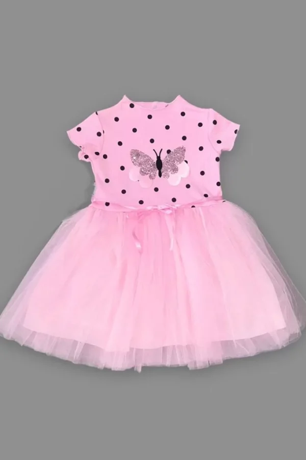 5-6-7 Yaş Payetli Kelebek Desenli Puantiyeli Kız Çocuk Elbisesi