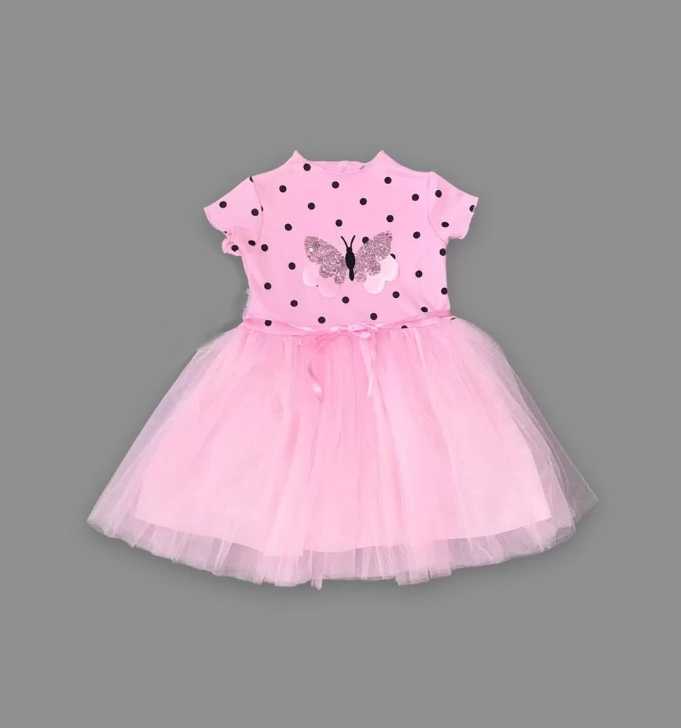 5-6-7 Yaş Payetli Kelebek Desenli Puantiyeli Kız Çocuk Elbisesi