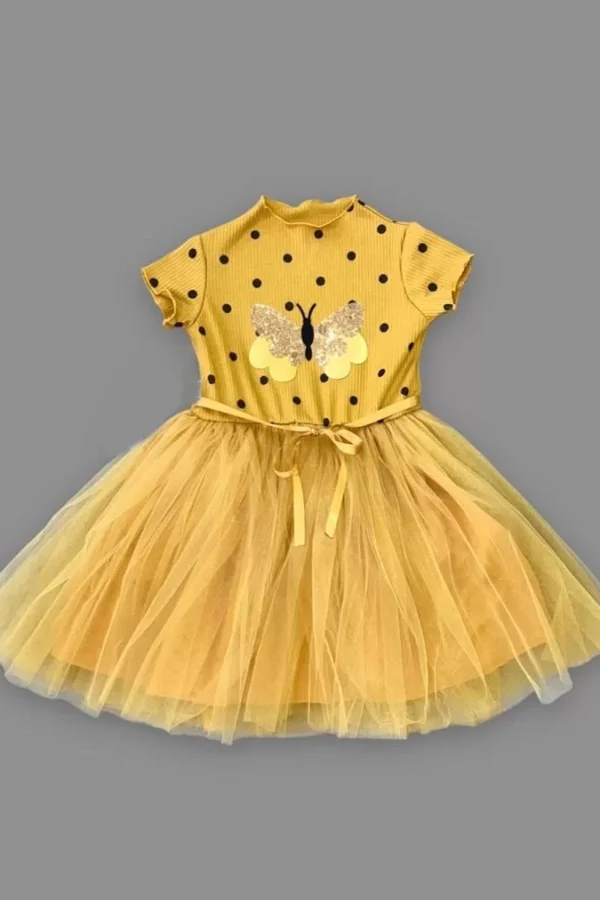 5-6-7 Yaş Payetli Kelebek Desenli Puantiyeli Kız Çocuk Elbisesi