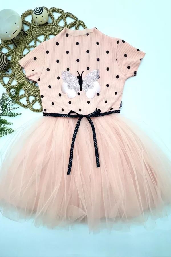 5-6-7 Yaş Payetli Kelebek Desenli Puantiyeli Kız Çocuk Elbisesi