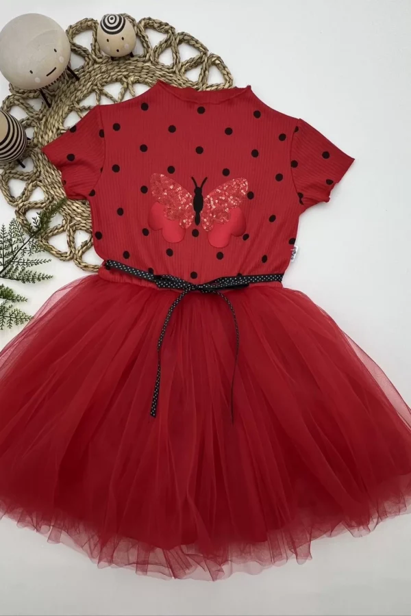 5-6-7 Yaş Payetli Kelebek Desenli Puantiyeli Kız Çocuk Elbisesi