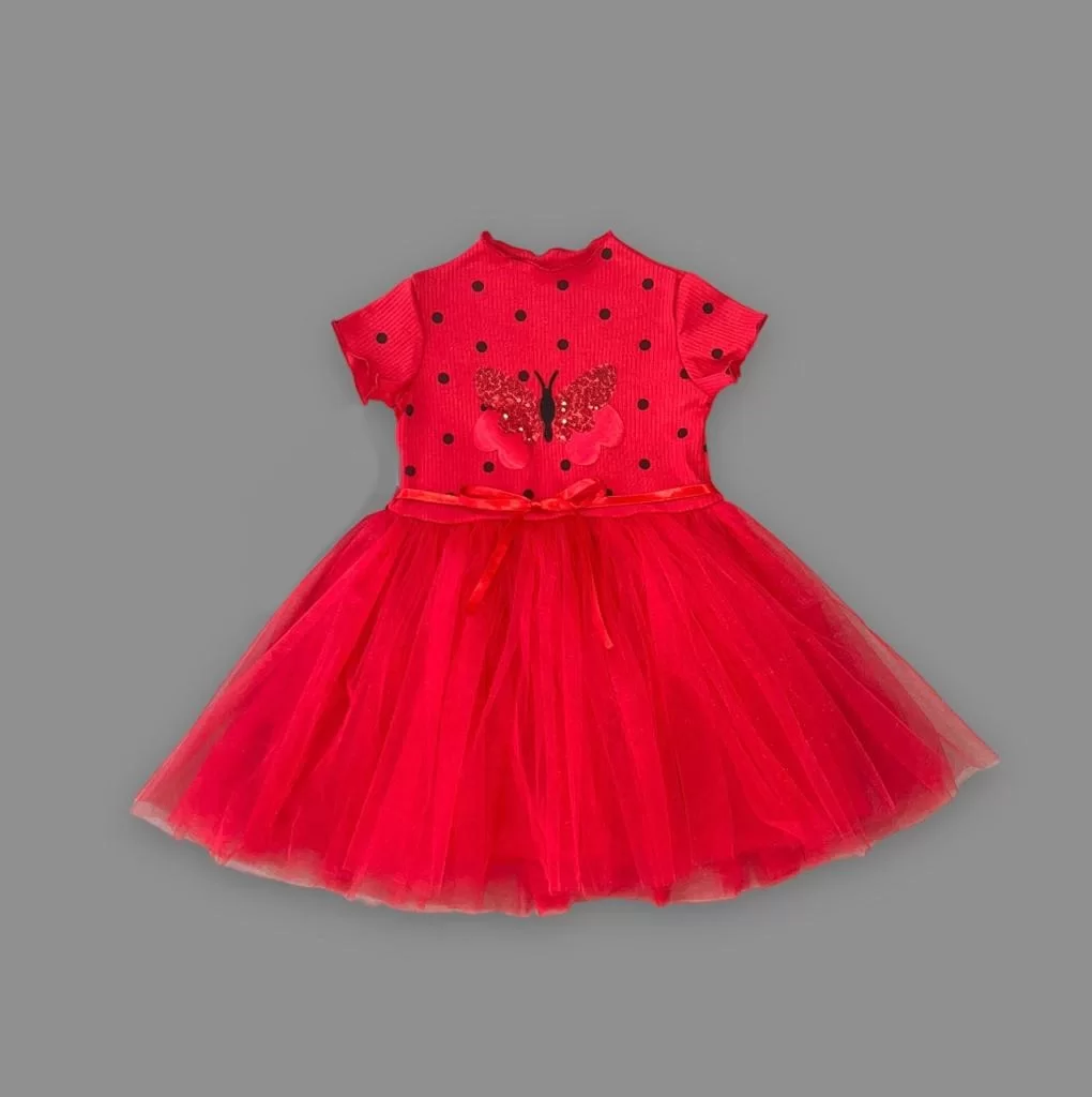 5-6-7 Yaş Payetli Kelebek Desenli Puantiyeli Kız Çocuk Elbisesi - Görsel 2