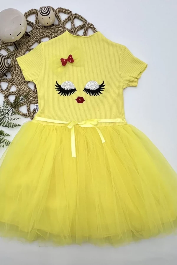 5-6-7 Yaş Payetli Süslü Yüz Baskılı Kız Çocuk Elbisesi