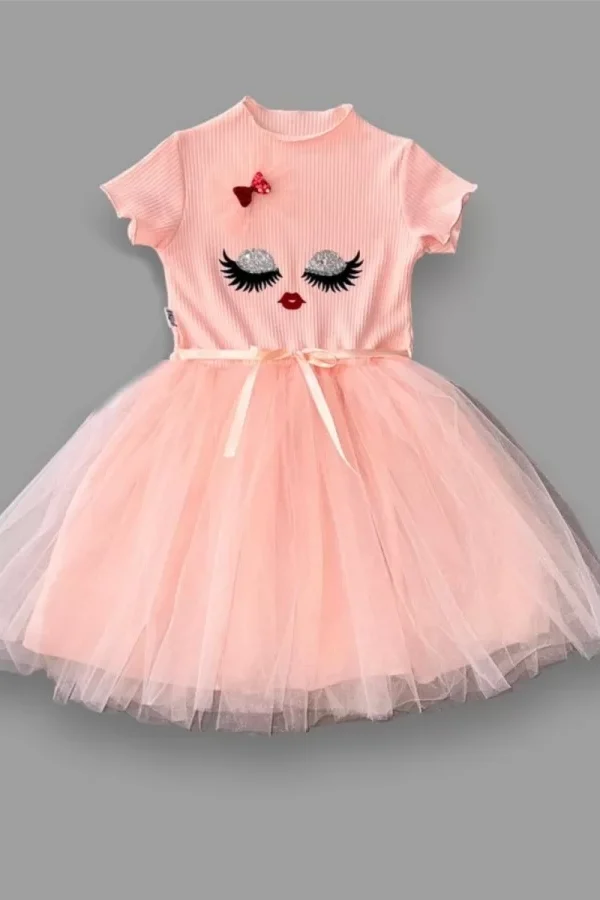 5-6-7 Yaş Payetli Süslü Yüz Baskılı Kız Çocuk Elbisesi