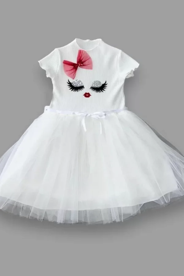 5-6-7 Yaş Payetli Süslü Yüz Baskılı Kız Çocuk Elbisesi
