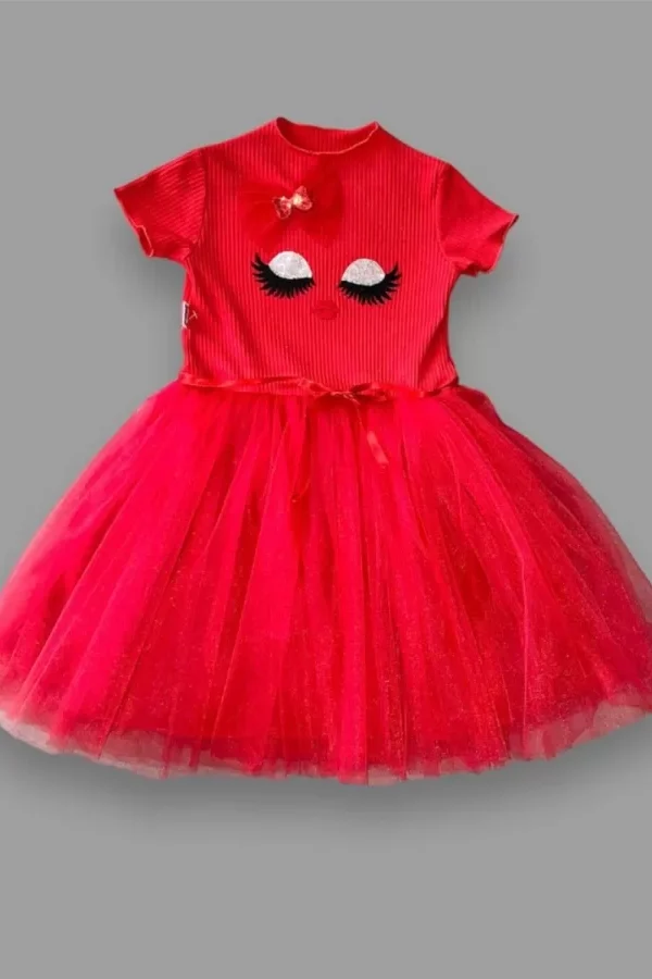 5-6-7 Yaş Payetli Süslü Yüz Baskılı Kız Çocuk Elbisesi