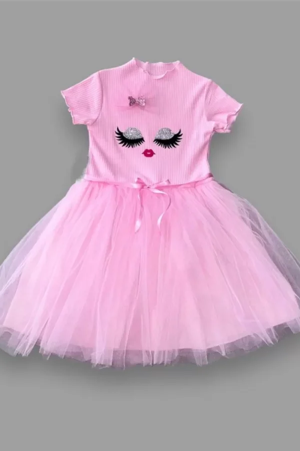 5-6-7 Yaş Payetli Süslü Yüz Baskılı Kız Çocuk Elbisesi