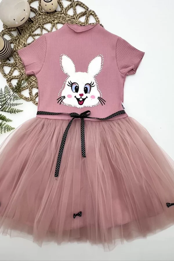 5-6-7 Yaş Payetli Tavşan Baskılı Kız Çocuk Elbisesi