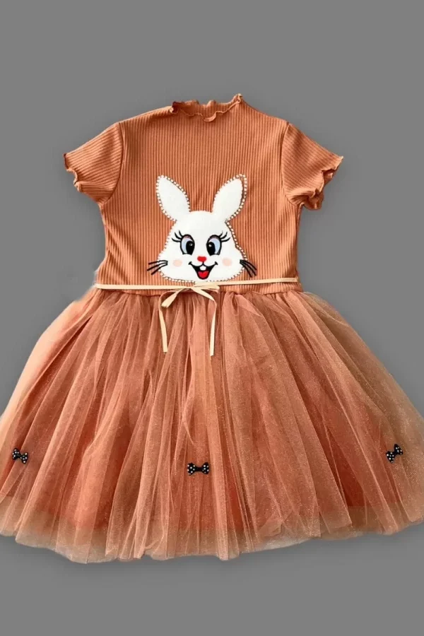 5-6-7 Yaş Payetli Tavşan Baskılı Kız Çocuk Elbisesi